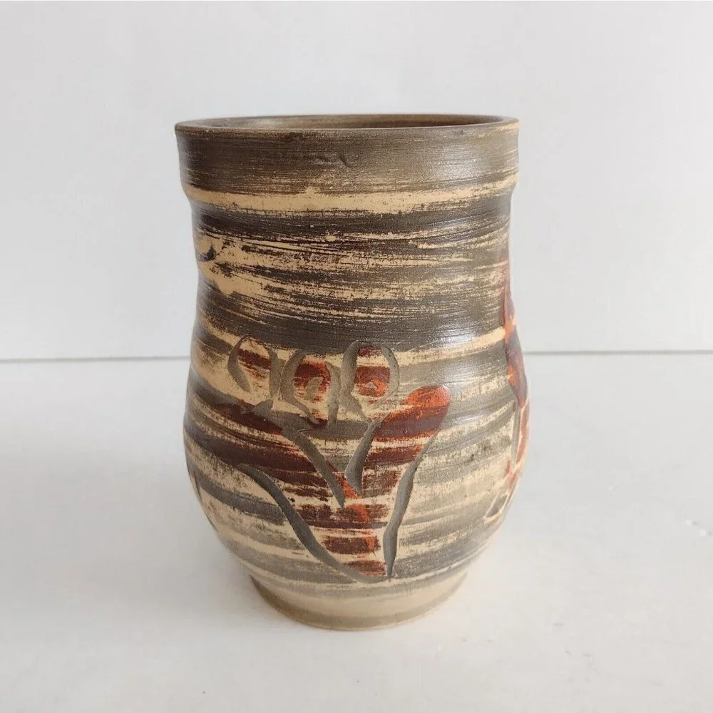 Vintage Signed Studio Art Pottery Vase Hand Painted Ram Goat? Abstract Art Brown